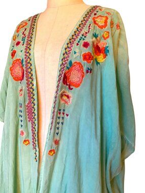 Andre Floral Embroidered Open Front Kimono Lightweight Boho Style Aqua Blue With